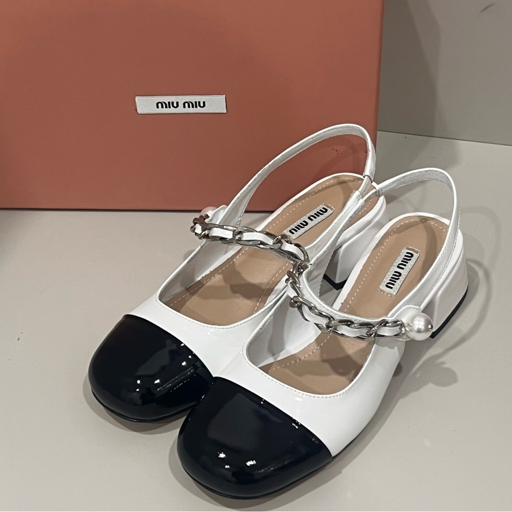 Miu Miu Women's White and Black Slingback Heels - Picture 1 of 5